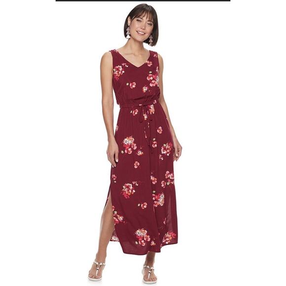 Apt. 9 Women's Challis Maxi Side Slits Maroon Floral Dress Size L - Picture 1 of 10